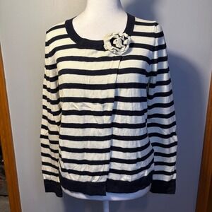 Boden nautical Stripe Cotton Cardigan Navy Ivory Flower‎ Detail preppy size 12